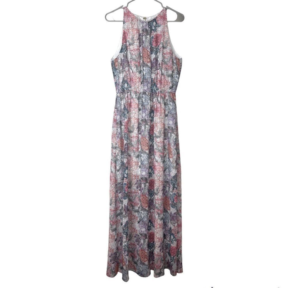 H&M Floral Maxi Dress Size 8 Watercolor Sleeveless Split Back Pink Blue Green